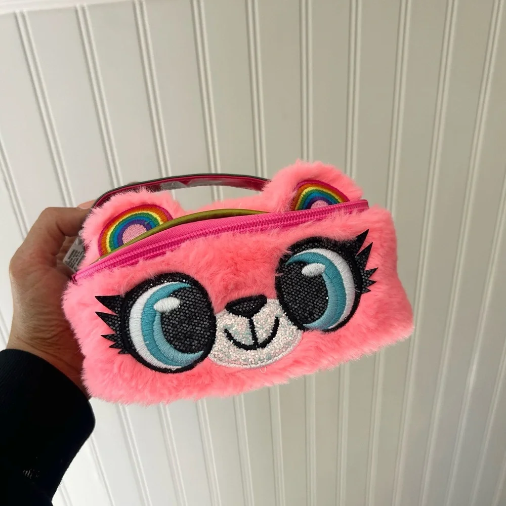 ⭐️ NEW Claire's Pink Furry Animal Pouch Bag Rainbow Ears iridescent